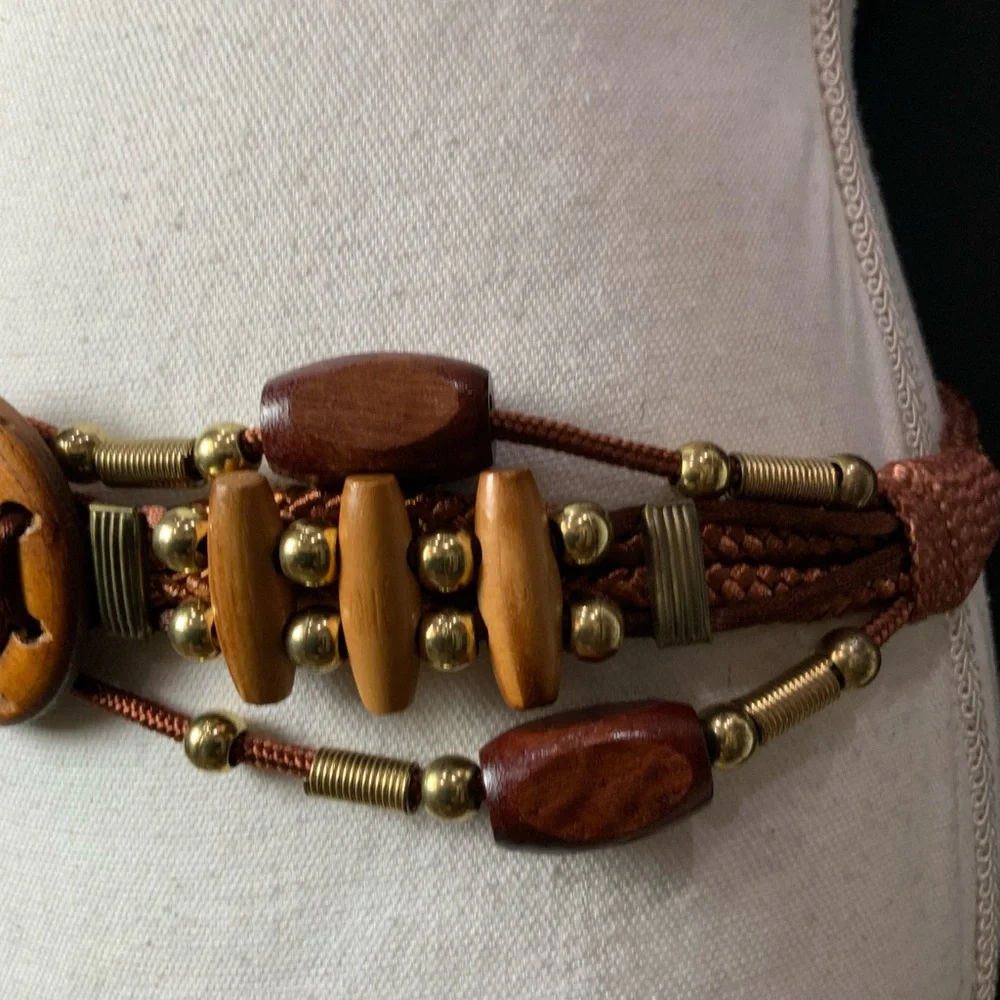 Vintage Bohemian wooden belt with brass accents size small/medium